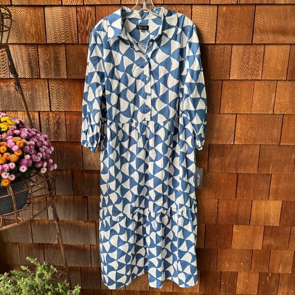 NWT Rachel Zoe Blue and White Geo Print Tiered Peasant Dress in Women's 1X - Picture 1 of 11